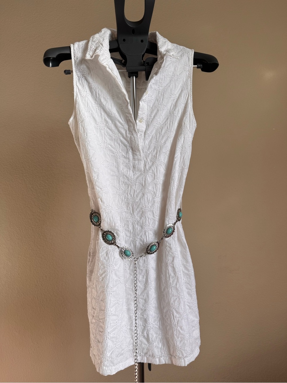 Banana Republic White Sleeveless Eyelet Mini Dress, Turquoise belt included.